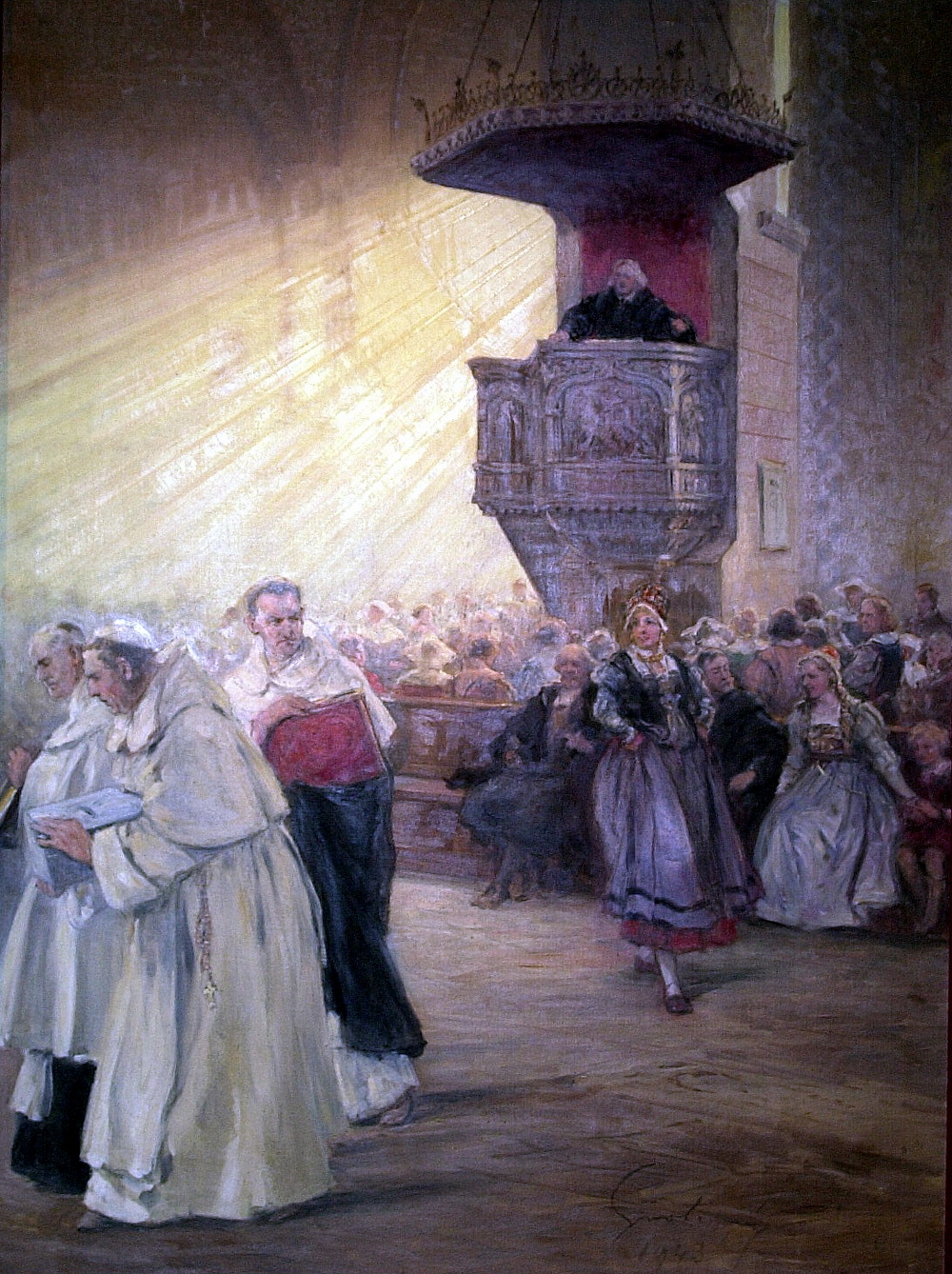 Das Gemälde von Fritz Grotemeyer zeigt die Predigt Nikolaus Krages im Jahr 1529 in St. Martini. Foto: Hans-Jürgen Amtage | Sammlung Mindener Museum
