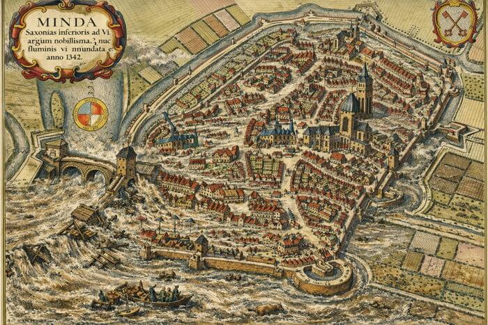 So stellt sich die Künstliche Intelligenz das Magdalenen-Hochwasser von 1342 auf Basis des Kupferstichs von Wenzel Hollar aus dem 17. Jahrhundert vor. Das Wasser der Weser dringt mit voller Wucht in die Stadt ein. Die Darstellung ist keinesfalls als realistisch anzusehen. Foto: KI/Amtage